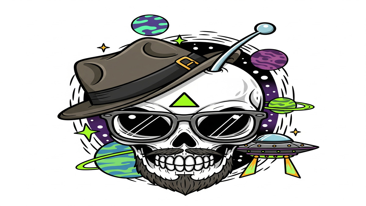 alien hipster skull cartoon tattoo