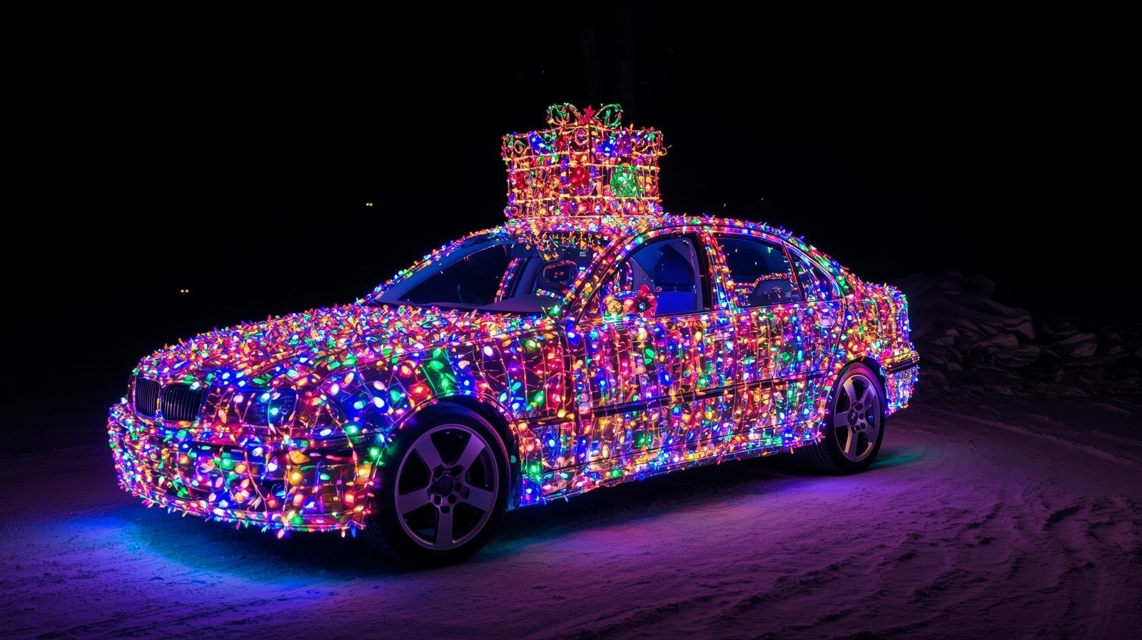 car with Christmas lights